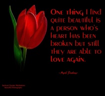One thing I find quite beautiful is a person who's heart has been broken but still they are able to love. ~April Peerless