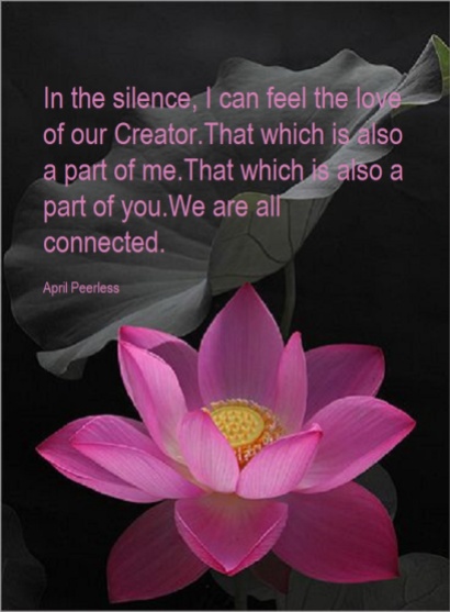 In the silence, I can feel the love of our Creator. That which is also a part of me. That which is also a part of you. We are all connected. April Peerless2013
