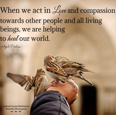 When we act in love and compassion towards other people and all living beings,we are helping to heal our world. Each of us must realize that It starts with ourselves.Each of us should be a light unto the World. April Peerless