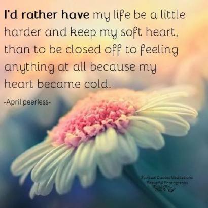 I'd rather have my life be a little harder and keep my soft heart, than to be closed off to feeling anything at all because my heart became cold. A.Peerless