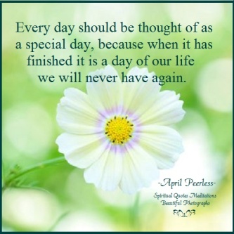 Every day should be thought of as a special day, because when it has finished it is a day of our life we will never have again. Each day plant love so it will never be a day wasted. April Peerless